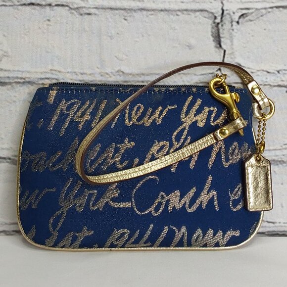 'COACH' 'POPPY' SIGNATURE SCRIPT LUREX JACQUARD WRISTLET NAVY BLUE/GOLD - Picture 3 of 15